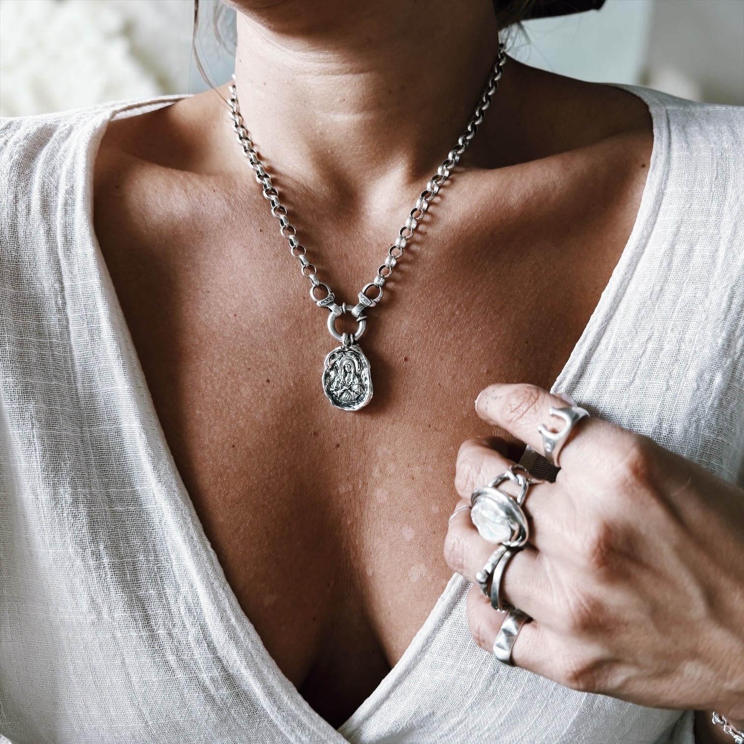 Colgante Medalla María Milagrosa - Oval Plata