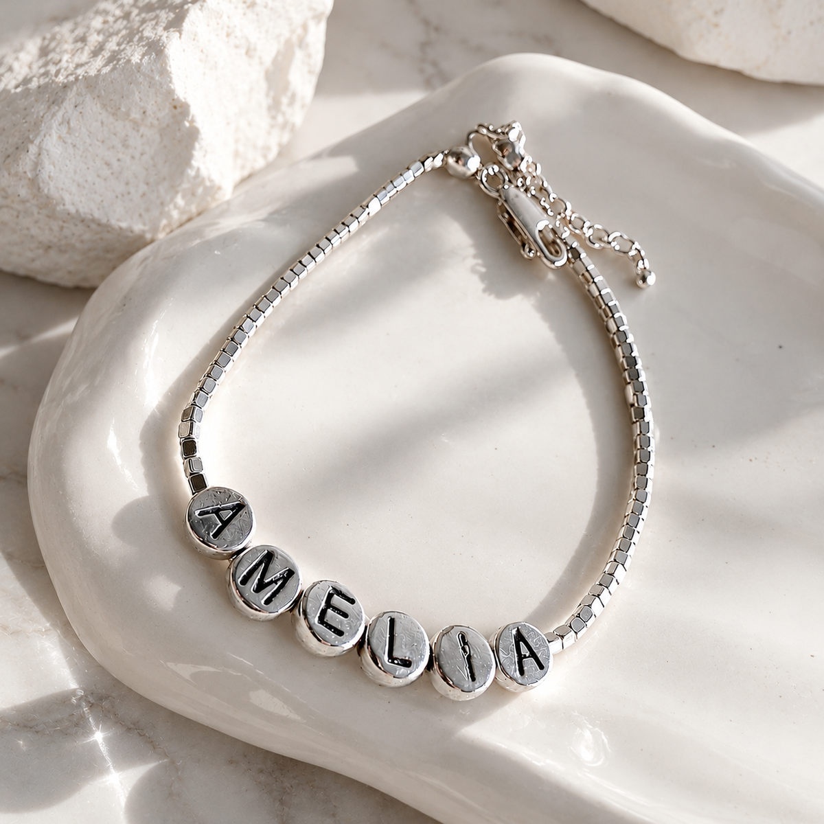 Pulsera Mostacillas Plata + Letras Nombre Plata