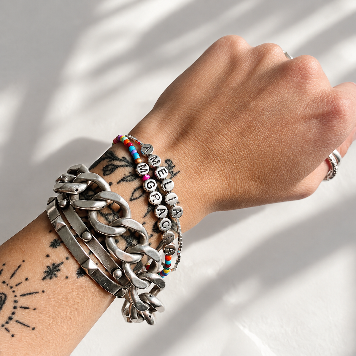 Pulsera Mostacillas Plata + Letras Nombre Plata