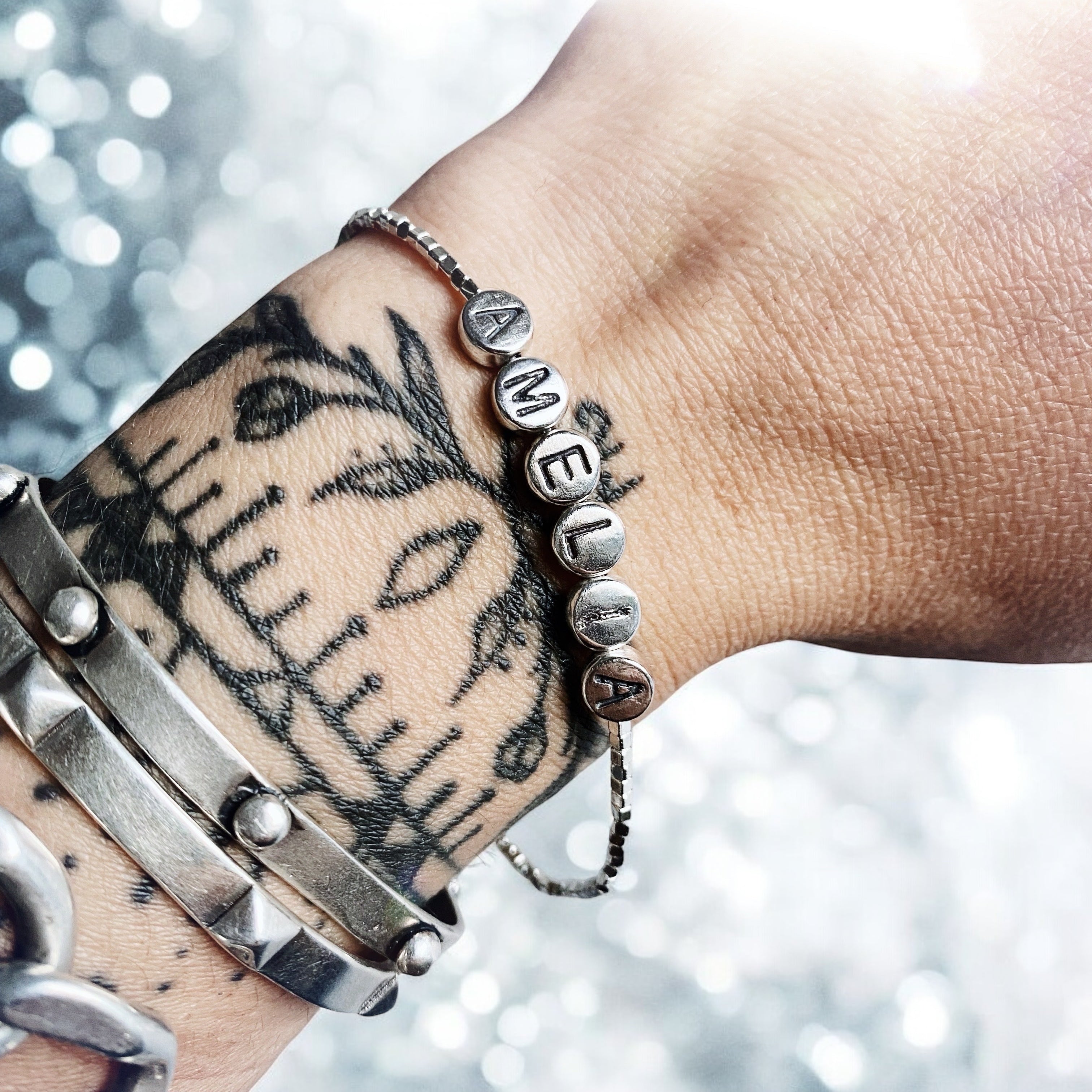 Pulsera Mostacillas Plata + Letras Nombre Plata