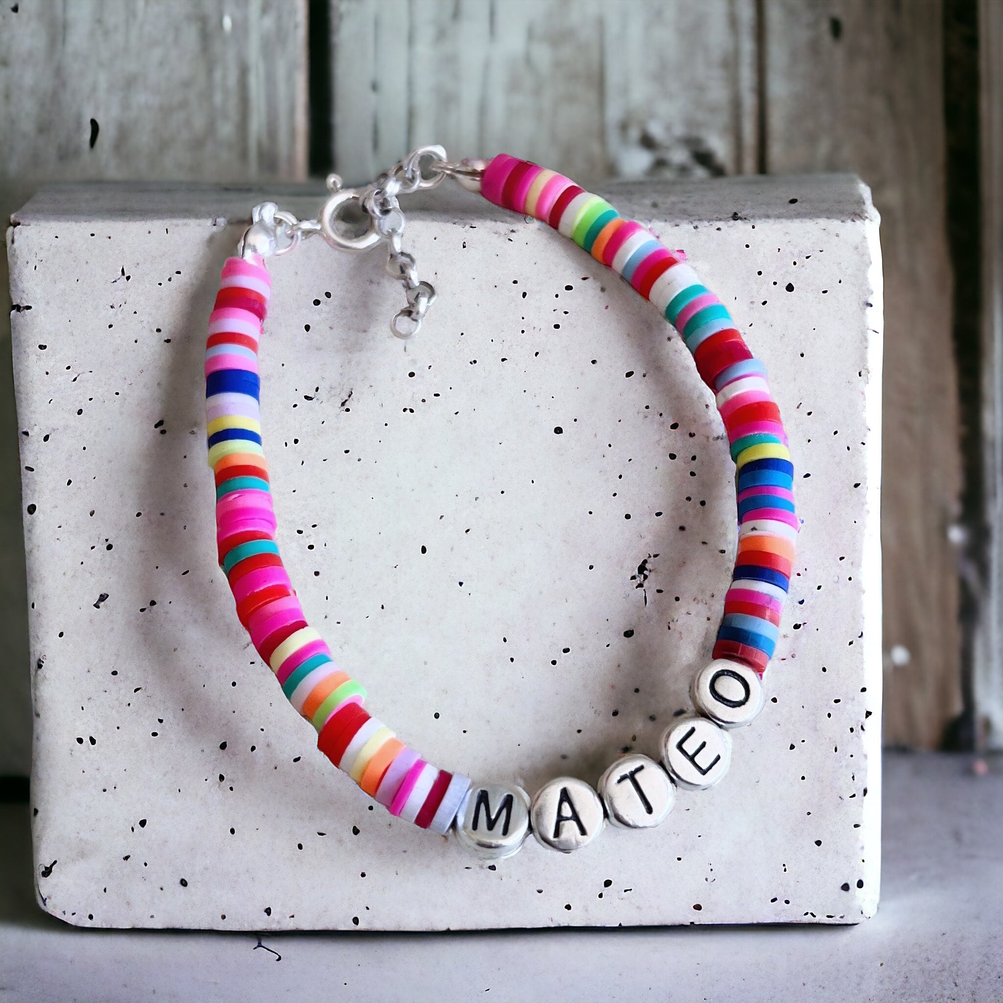 Pulsera Colores + Letras Plata Nombre