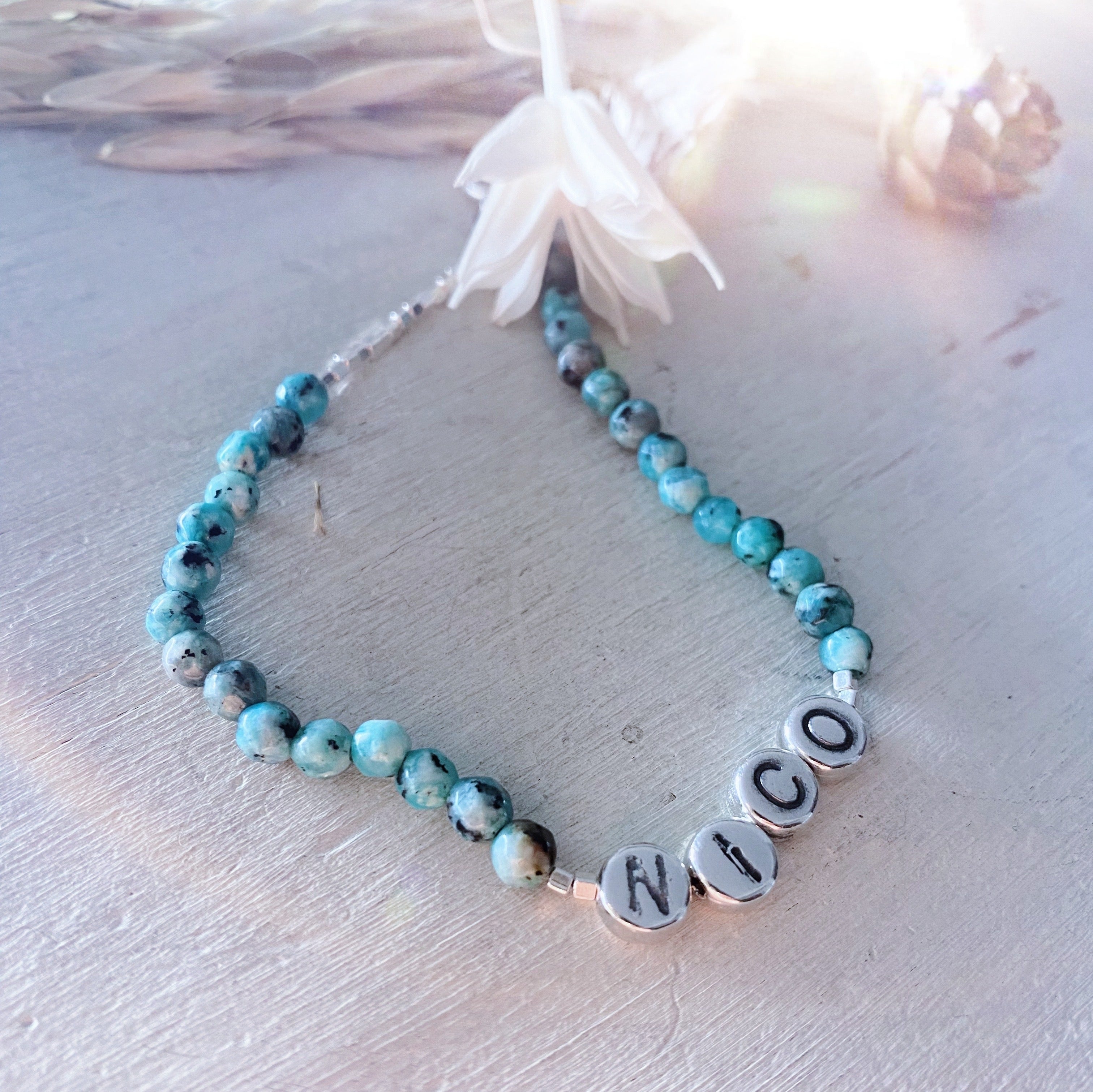 Pulsera Piedras Naturales+ Letras Nombre Plata (varias piedras)