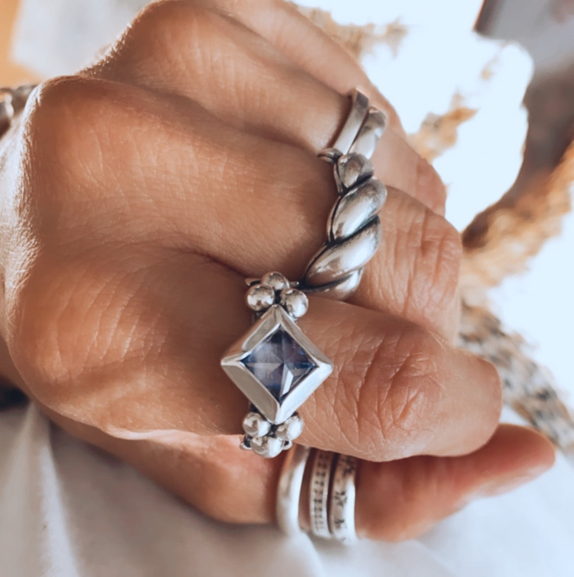 Anillo Elisa Lunar Rombo 8 mm + piedra a elección