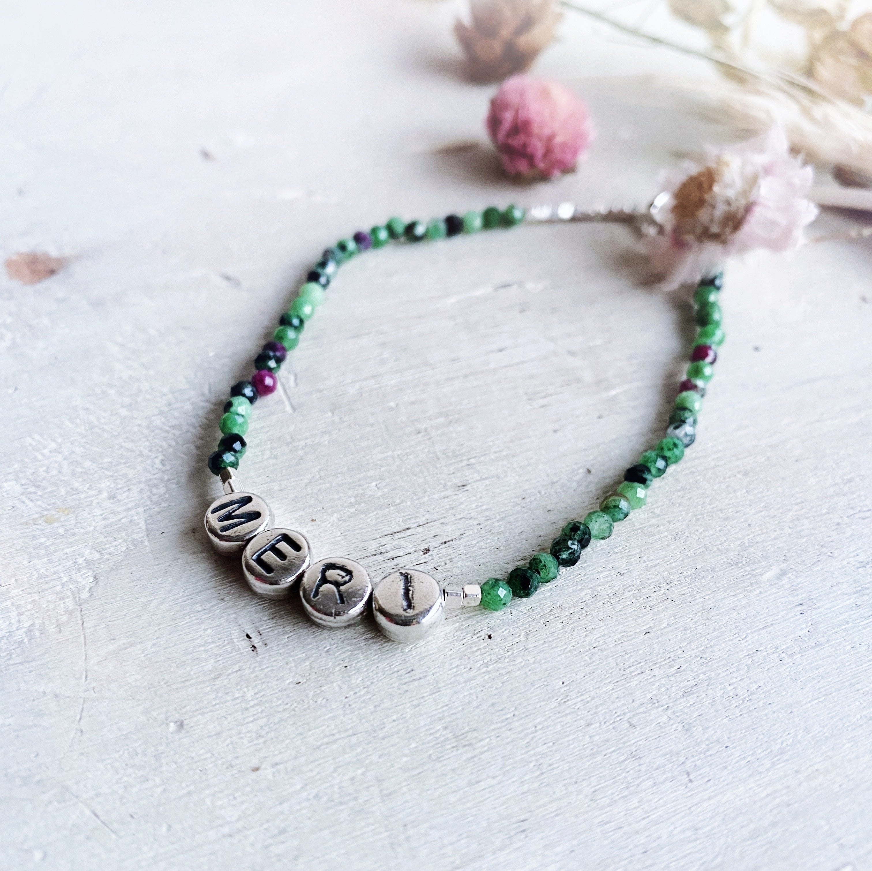 Pulsera Piedras Naturales+ Letras Nombre Plata (varias piedras)