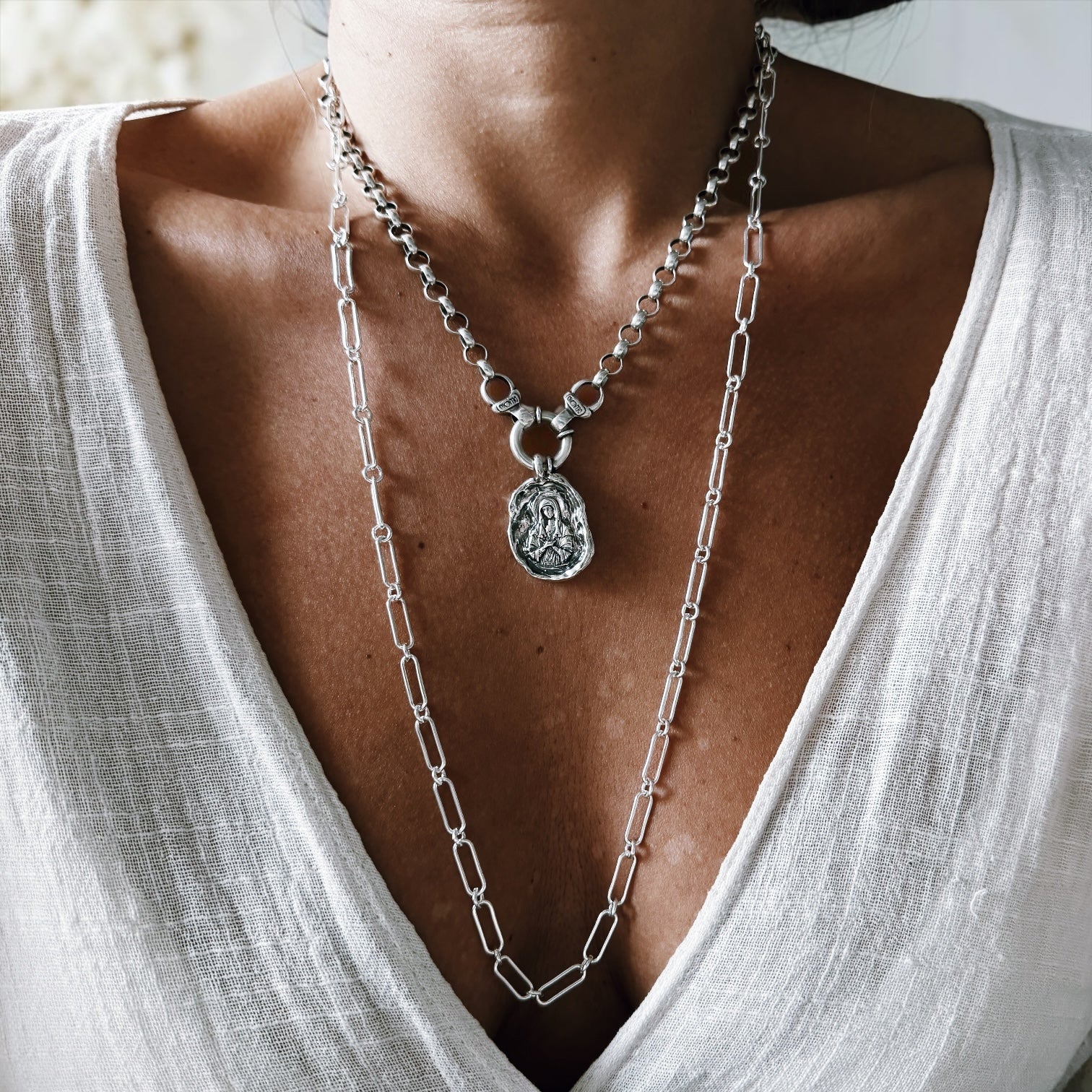 Colgante Medalla María Milagrosa - Oval Plata