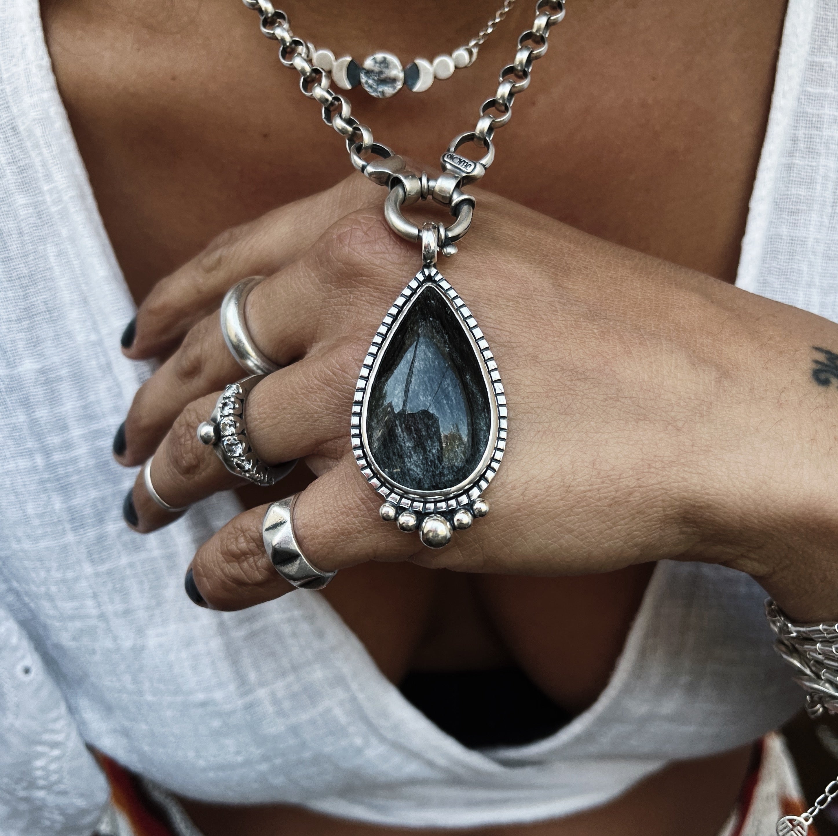 Colgante Gran Obsidiana plateada