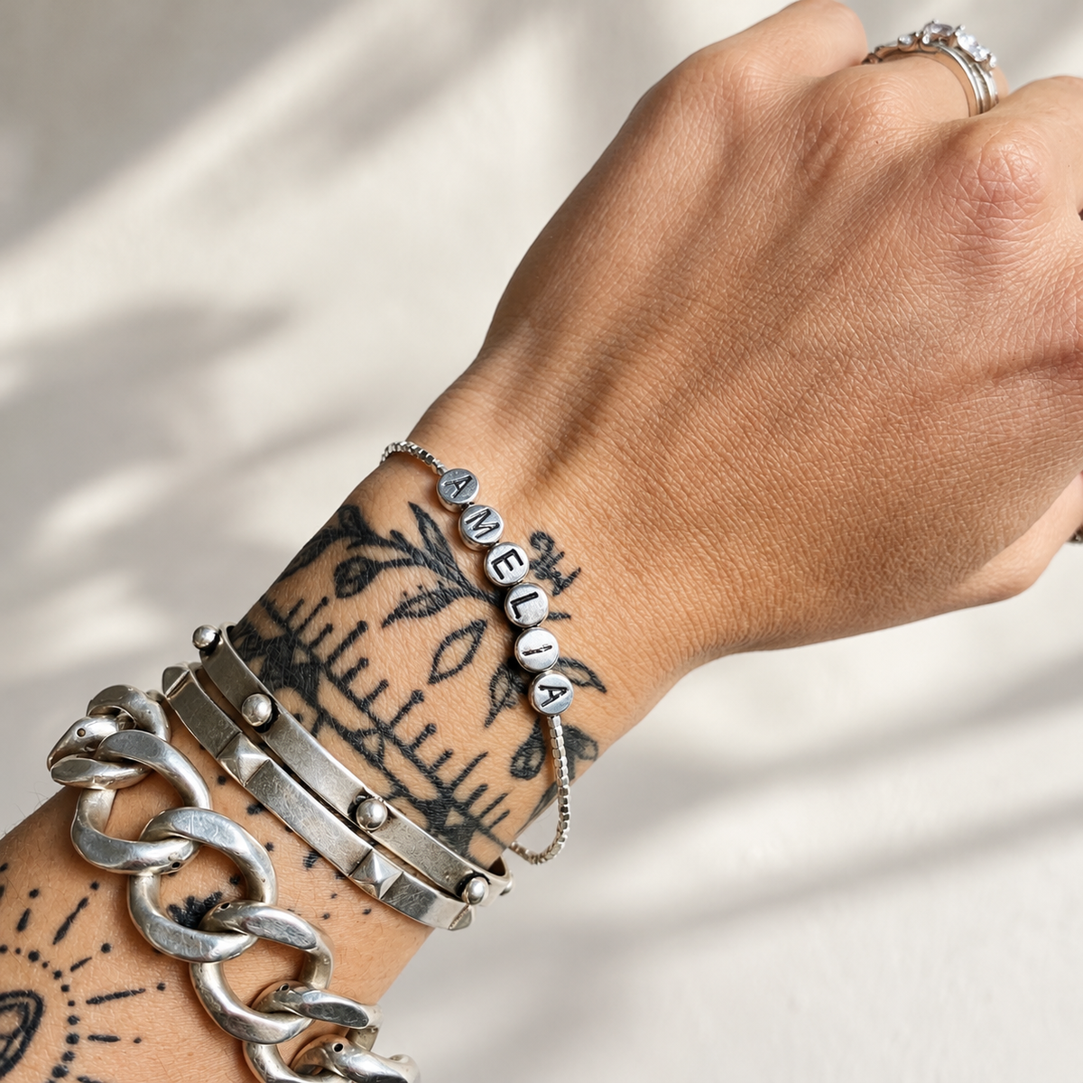 Pulsera Mostacillas Plata + Letras Nombre Plata