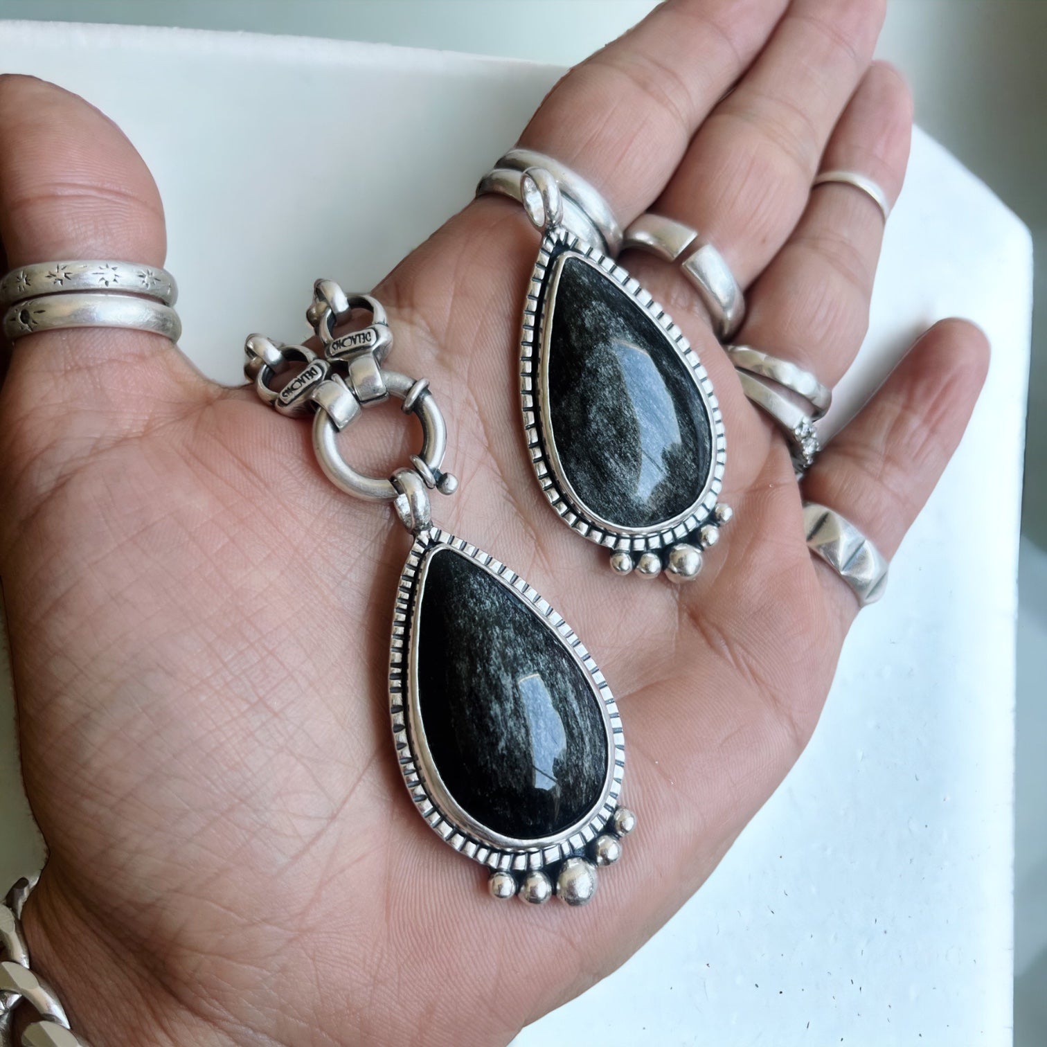 Colgante Gran Obsidiana plateada