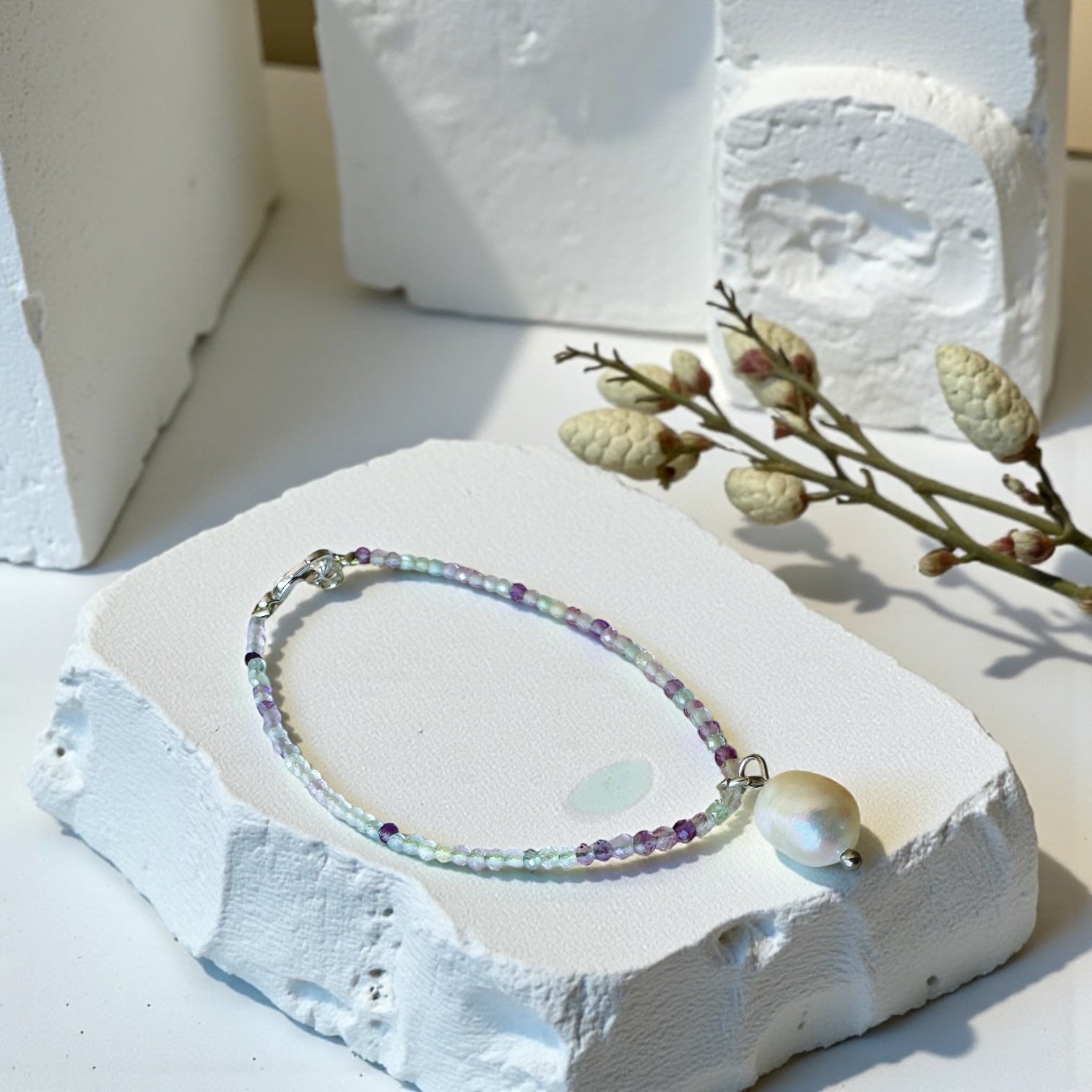 Pulsera fluorita y perla