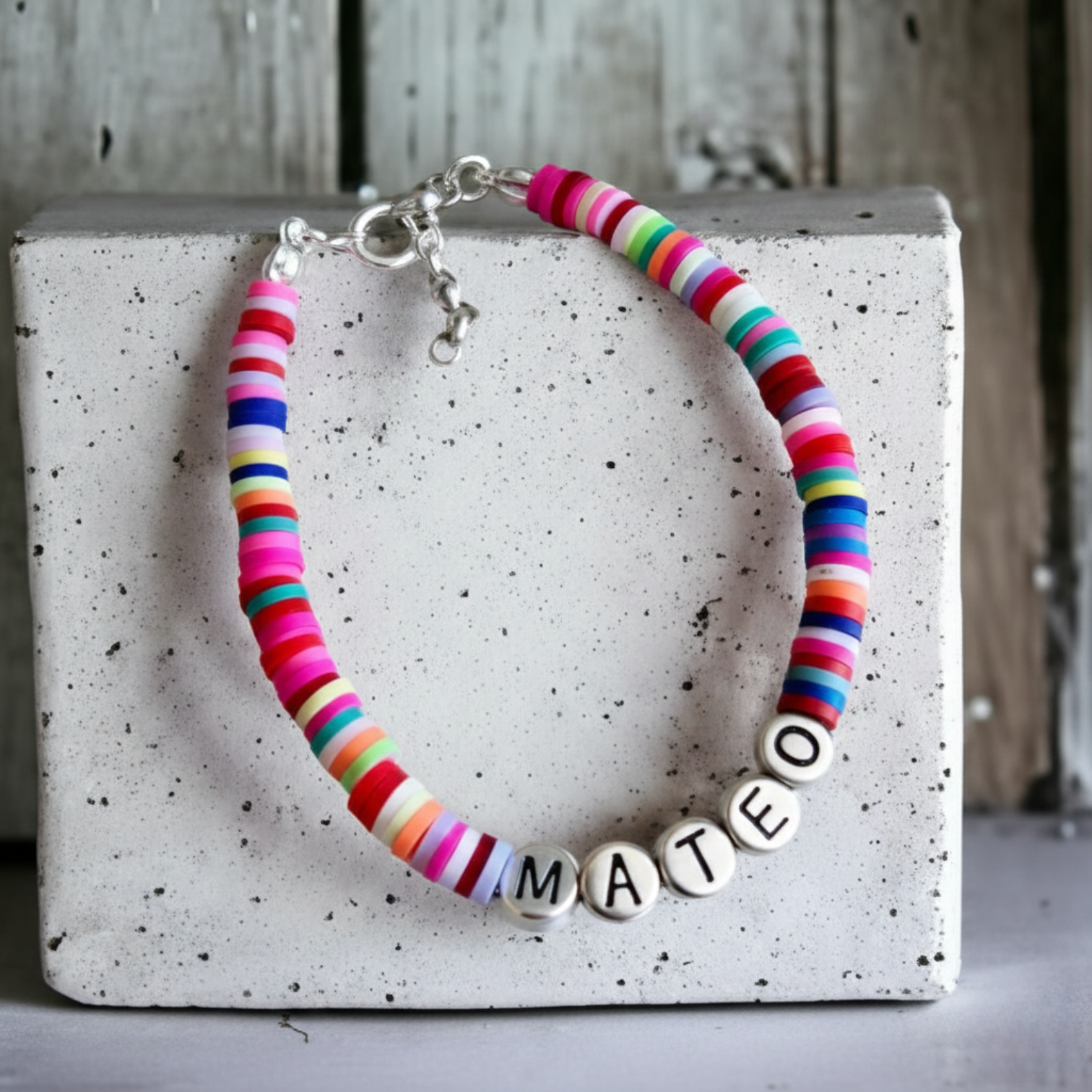 Pulsera Colores + Letras Plata Nombre
