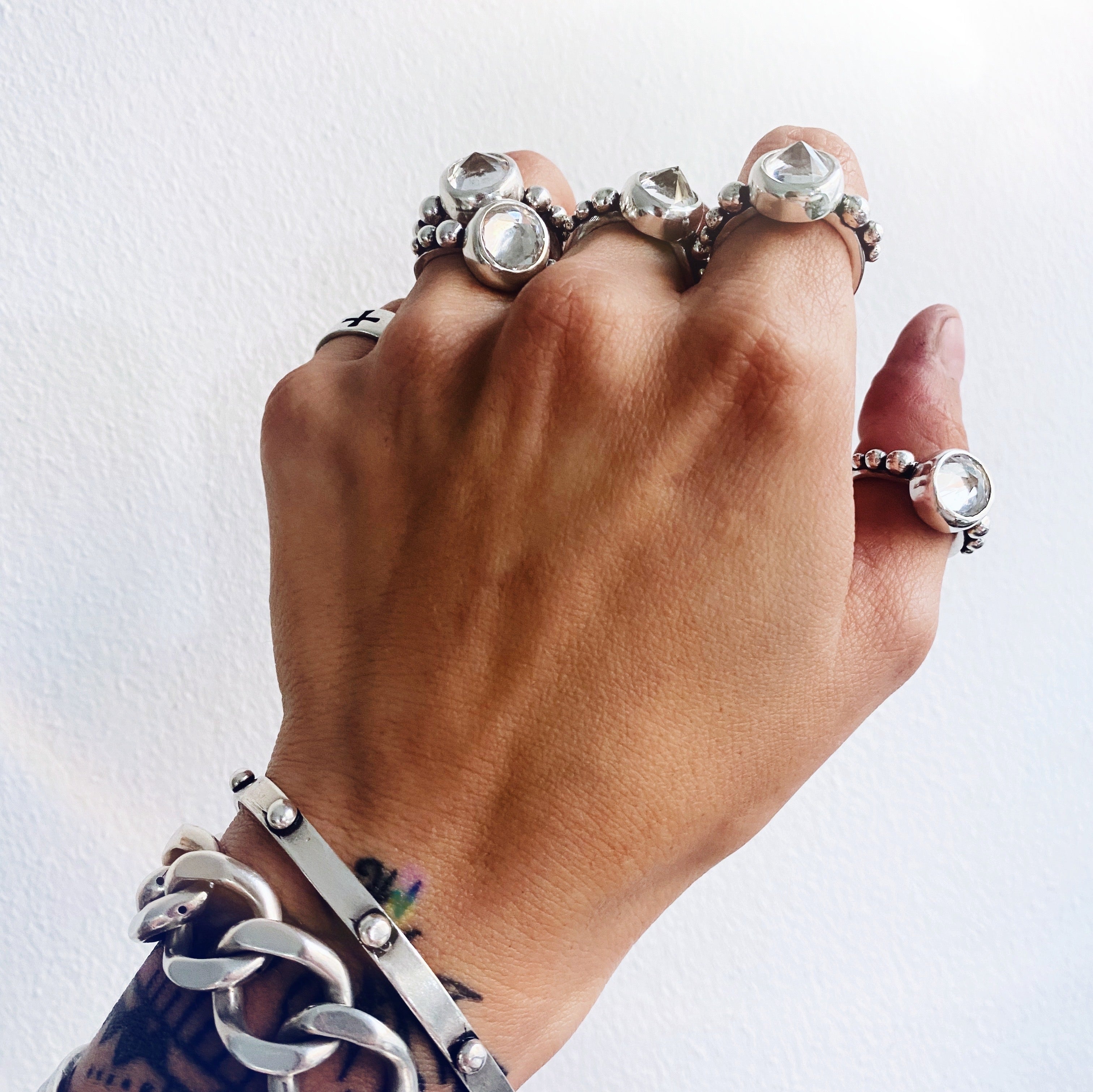 Anillo Flo Spike Doble Argolla Topacio Blanco - PREVENTA