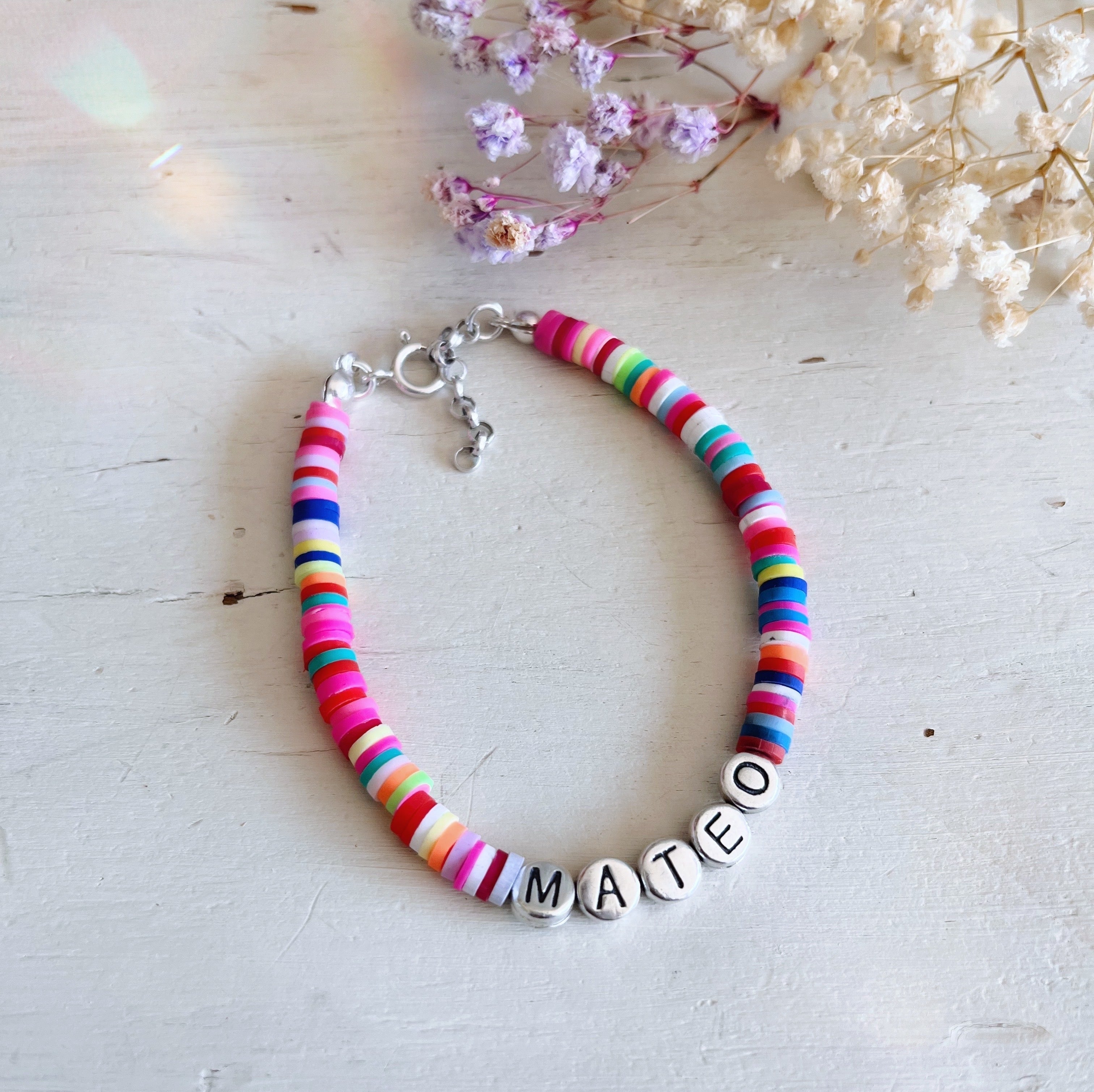 Pulsera Colores + Letras Plata Nombre