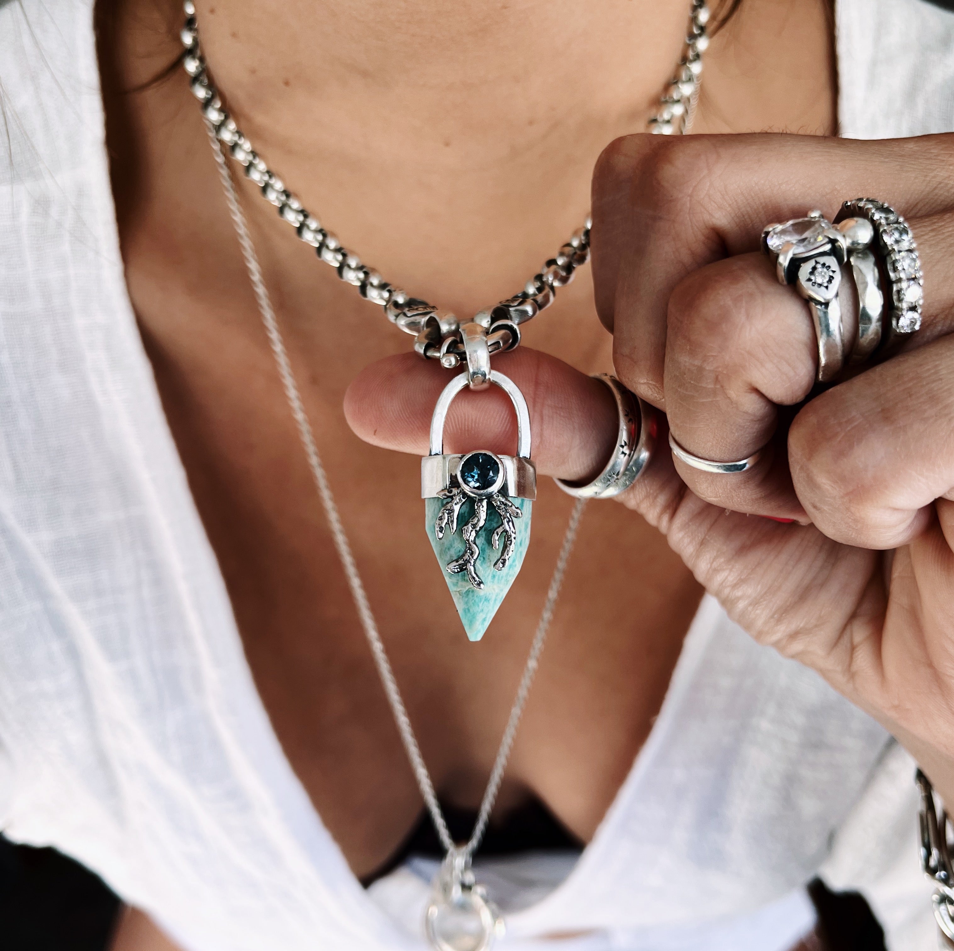 Colgante Punta Amazonita y Coral + TLB - Tienda Delacons Joyas
